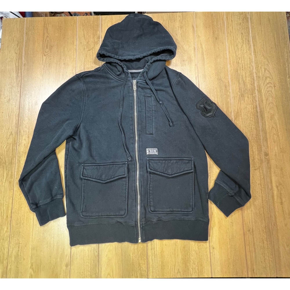 Hurley Full Zip Up Hoodie Military Spec Side Patch & Pockets Men's med black